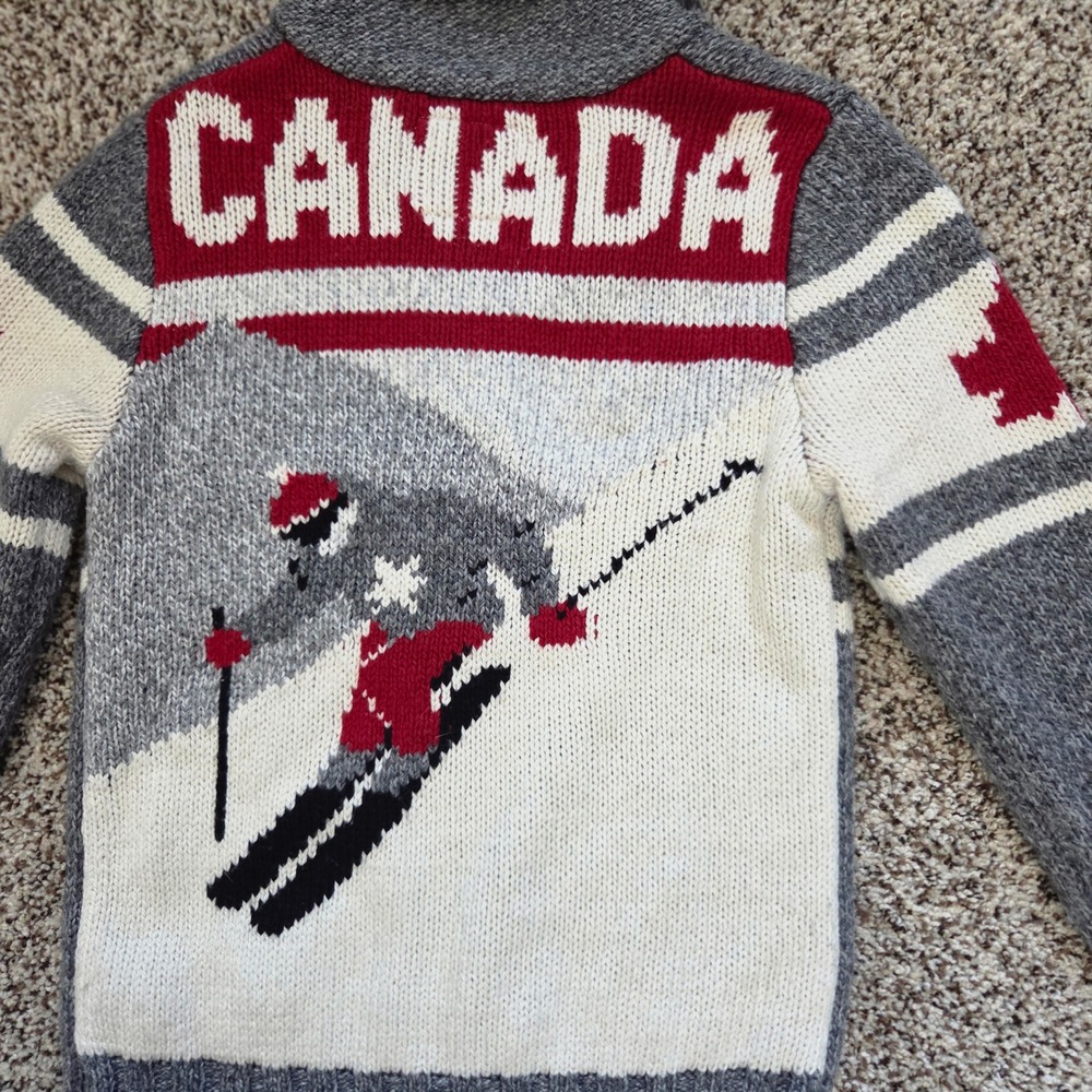 Canadiana Full Zip Cardigan Mens Large Grey Canada Skier Graphic Shawl Collar
